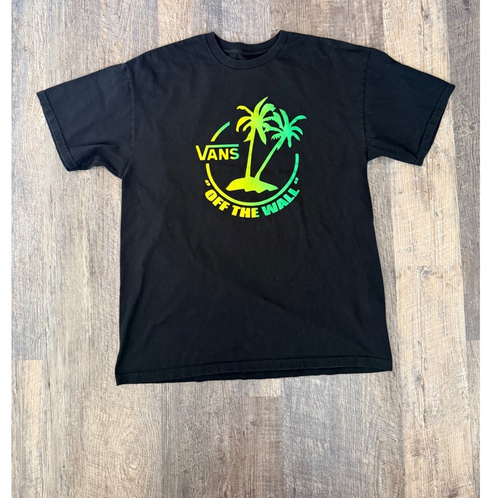 Vans Off The Wall Palm Tree Graphic T-Shirt Mens XL Black Neon Gradient Logo